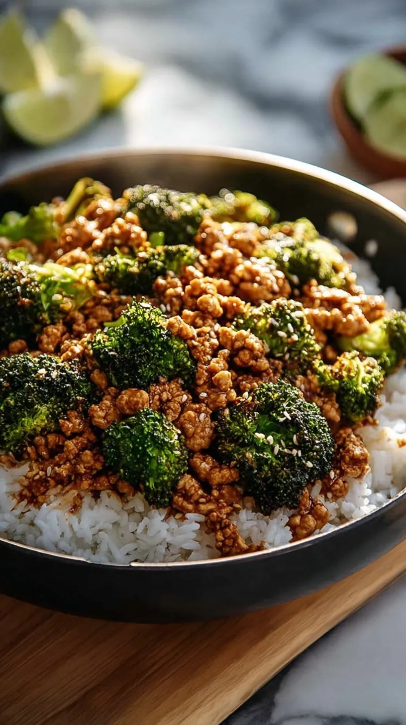 A bowl of honey sriracha ground chicken and steamed broccoli over rice with sesame seeds
