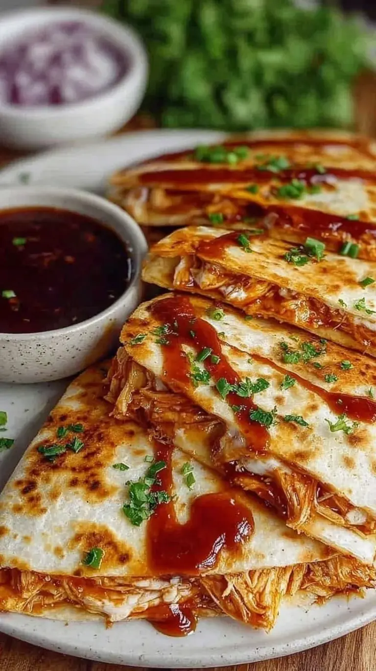 Golden brown quesadillas filled with BBQ chicken and melted cheese on a wooden board.