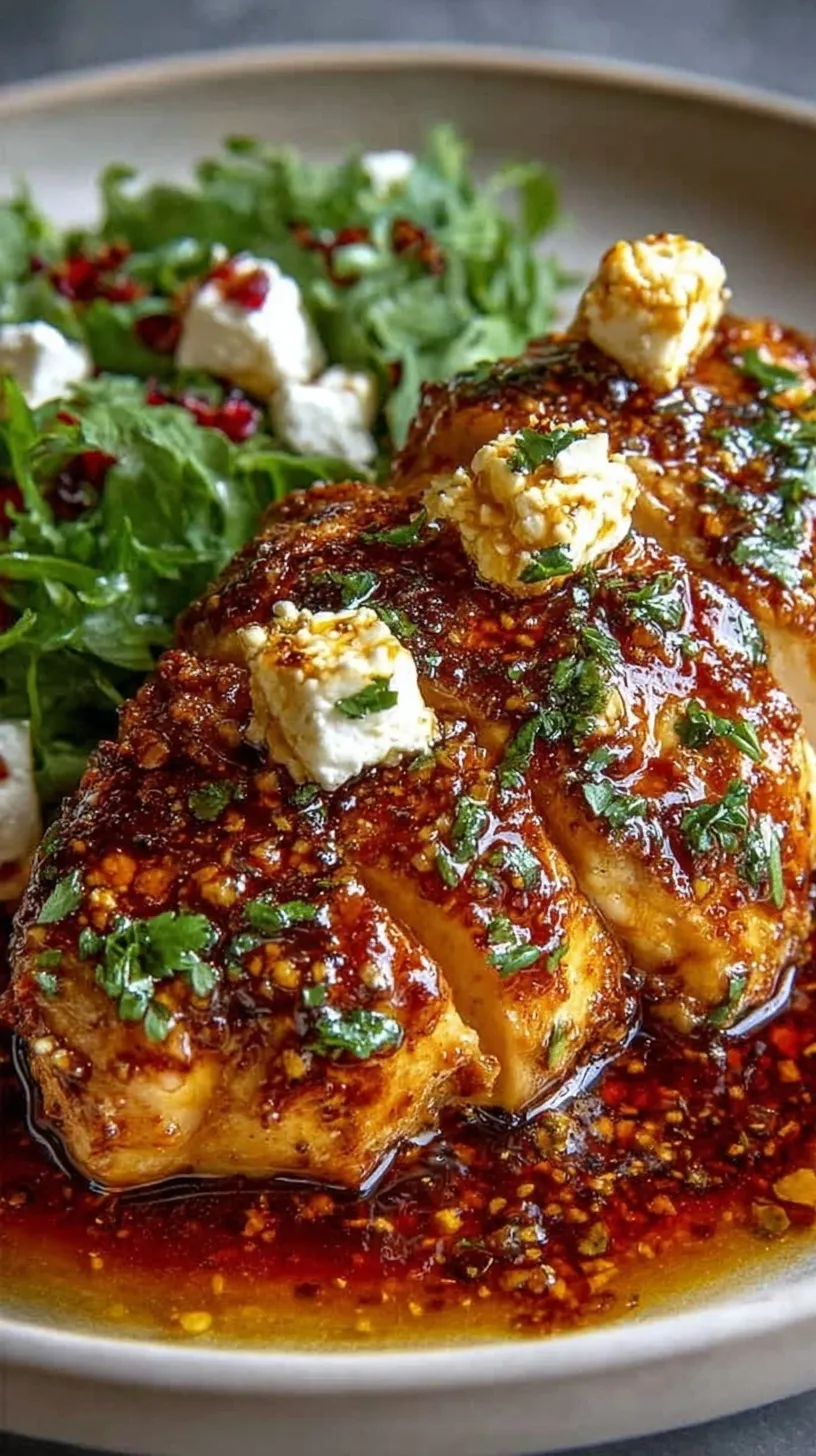 Golden pan-seared chicken breasts coated in a glossy hot honey glaze and topped with crumbled white feta cheese and fresh green parsley.