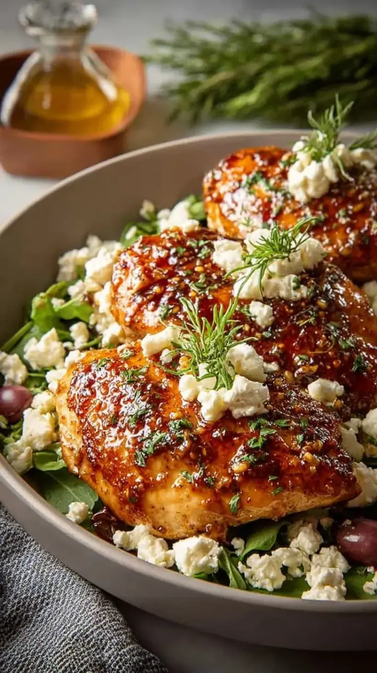 Golden pan-seared chicken topped with crumbled feta and a drizzled red pepper honey glaze in a skillet.