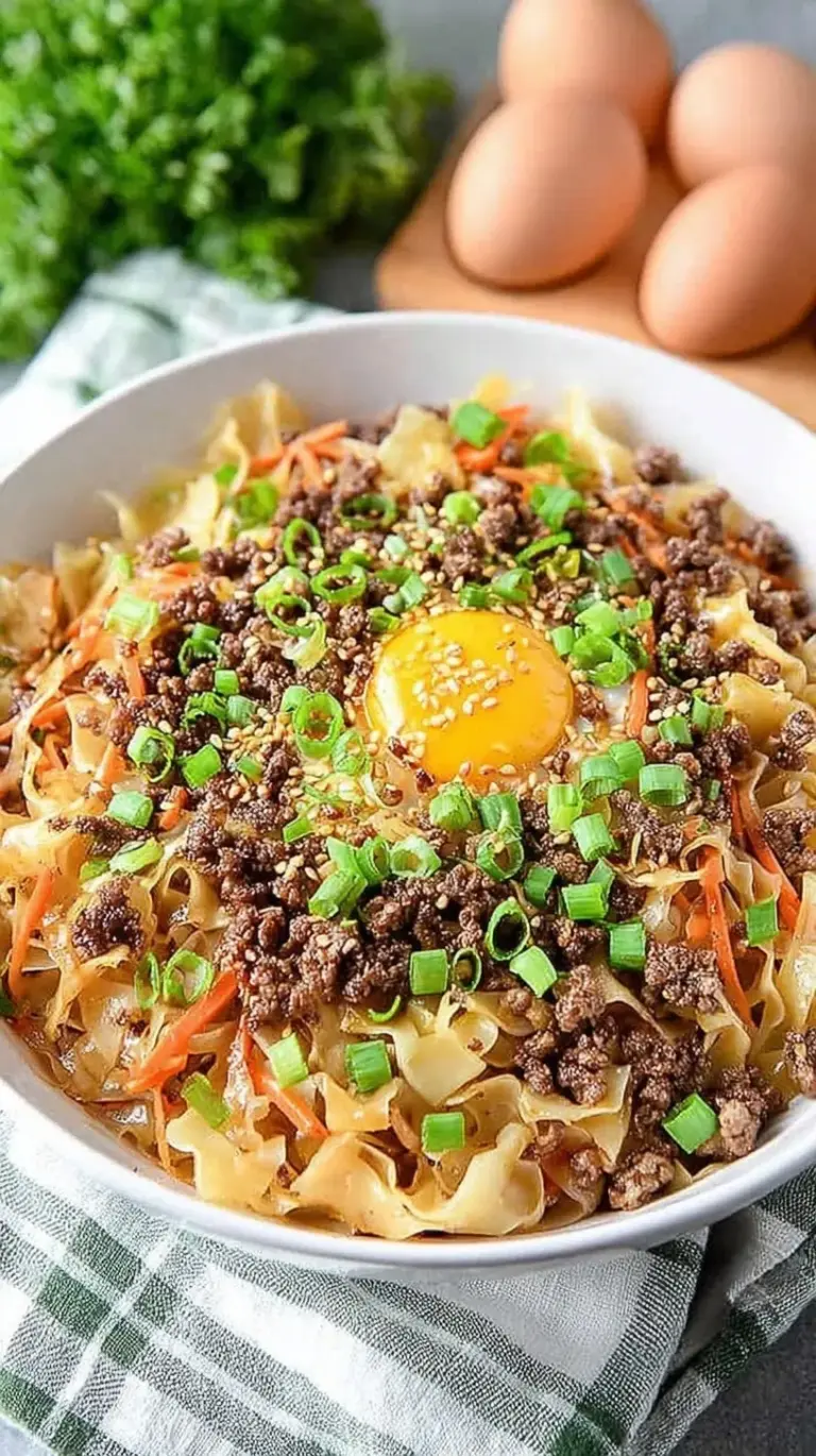 A colorful bowl of ground pork and shredded cabbage garnished with green onions and sriracha.
