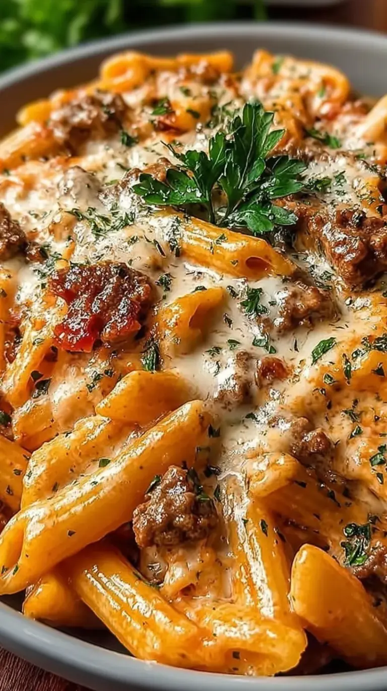 A skillet of creamy beef pasta with penne and fresh parsley
