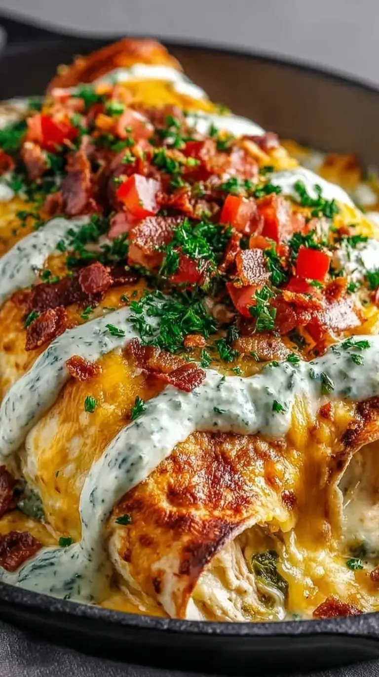 A baking dish filled with cheesy green enchiladas topped with bacon and green onions.