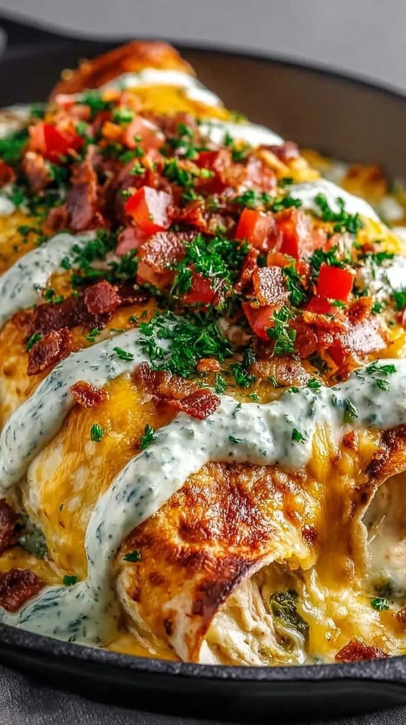 A baking dish filled with cheesy green enchiladas topped with bacon and green onions.