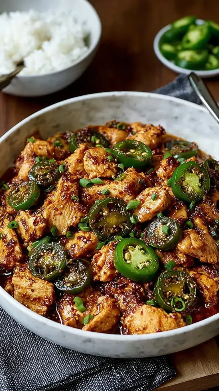 A vibrant skillet of golden chicken cubes and bright green jalapeno rounds in a glossy sauce.