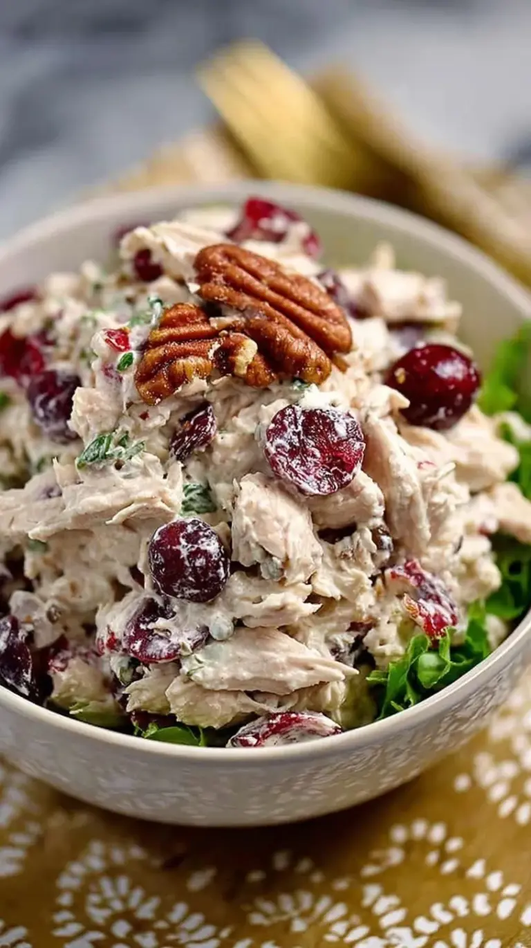 A bowl of creamy keto cranberry chicken salad with pecans and green onions