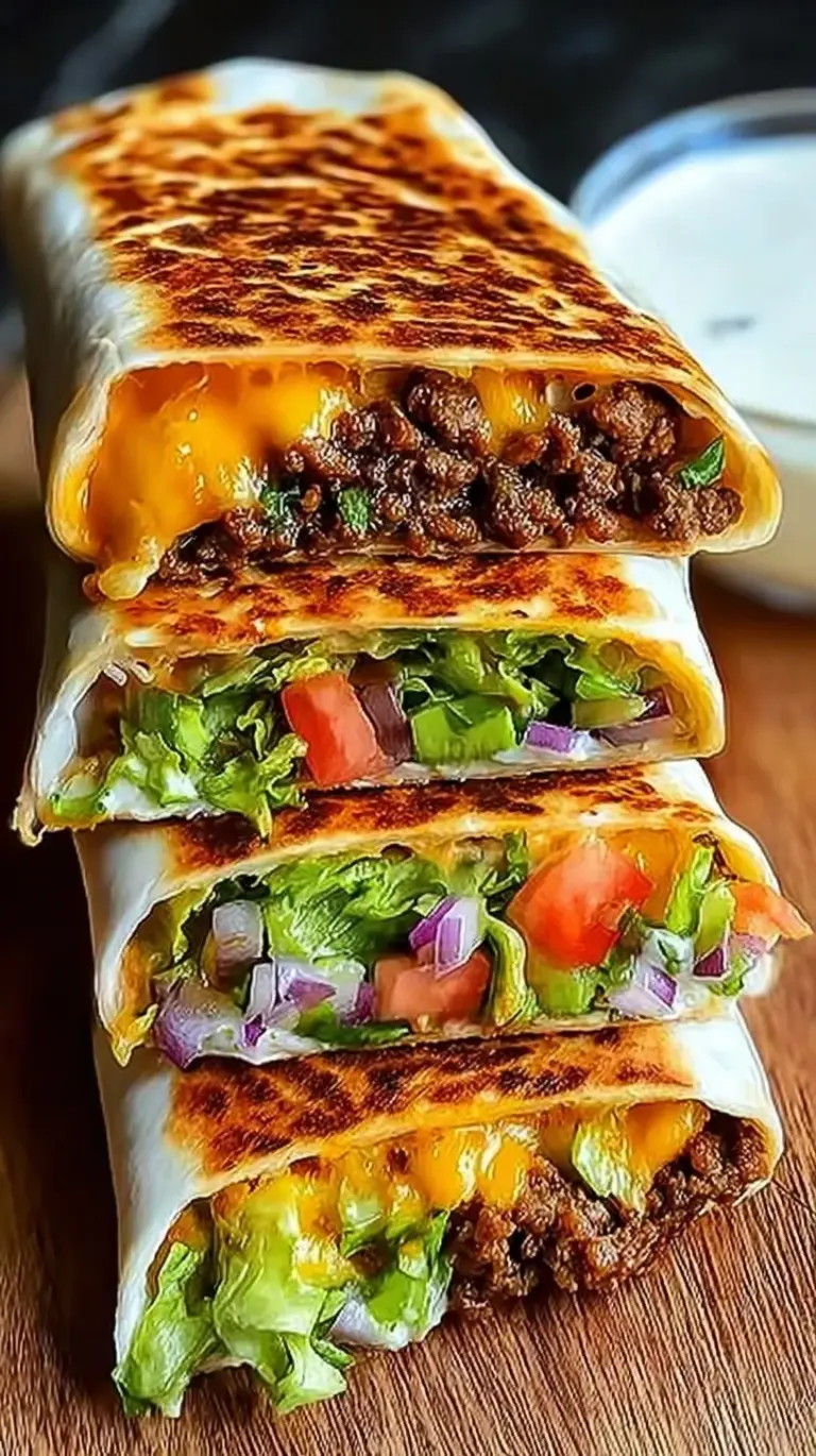 A golden-brown grilled Keto Crunchwrap Supreme sliced in half to show layers of beef, cheese, and lettuce.