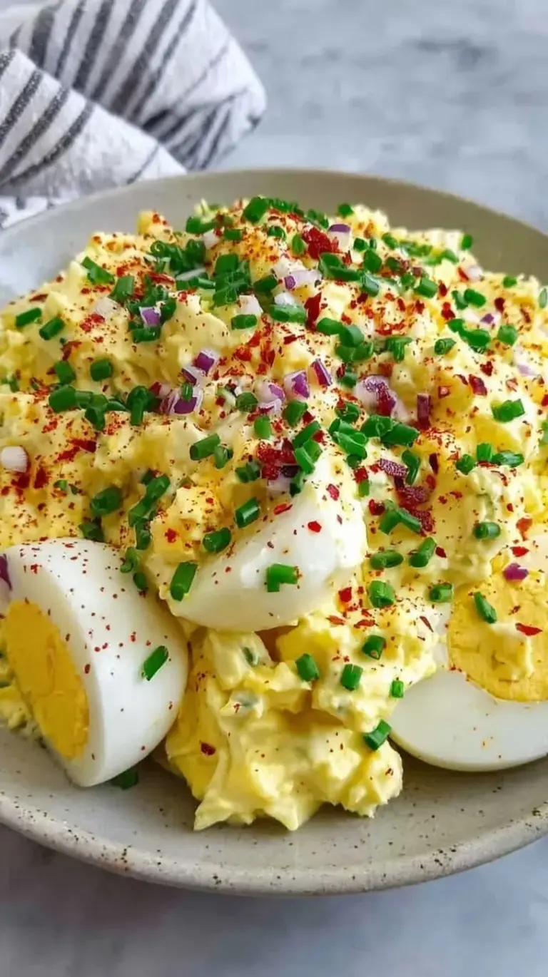 A bowl of creamy keto deviled egg salad garnished with fresh chives and smoked paprika