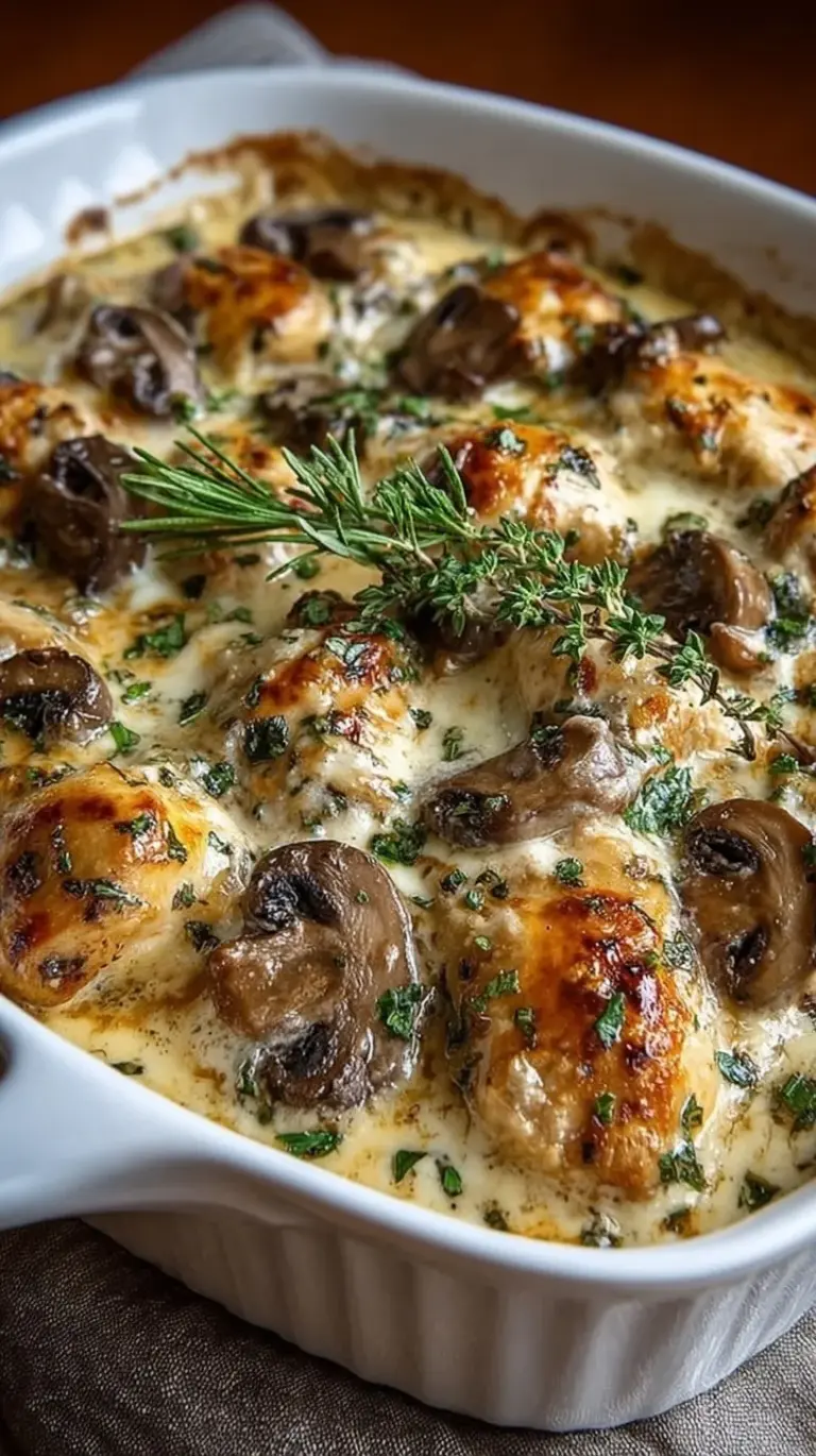 Golden baked keto chicken casserole with melted mozzarella and mushrooms in a ceramic dish.