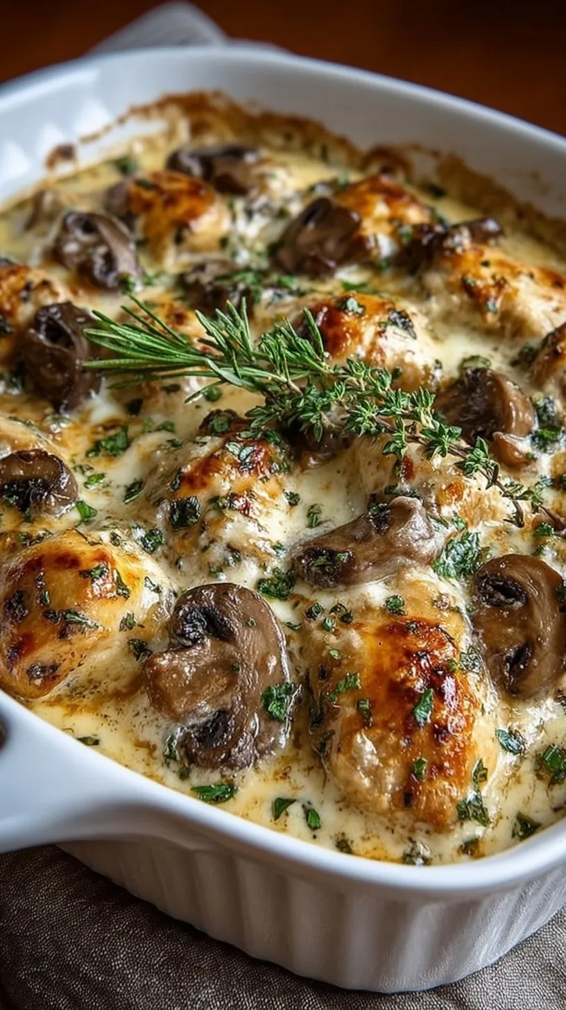 Golden baked keto chicken casserole with melted mozzarella and mushrooms in a ceramic dish.