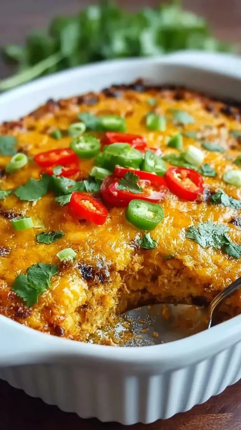 A golden brown Keto Mexican Chicken Casserole in a glass baking dish topped with green onions and cilantro.