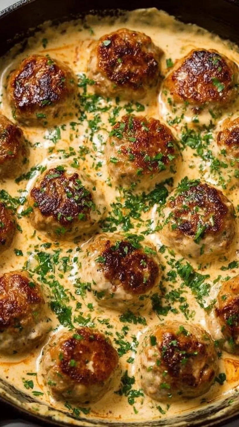 Juicy turkey meatballs in a white creamy parmesan sauce garnished with fresh parsley in a black skillet.