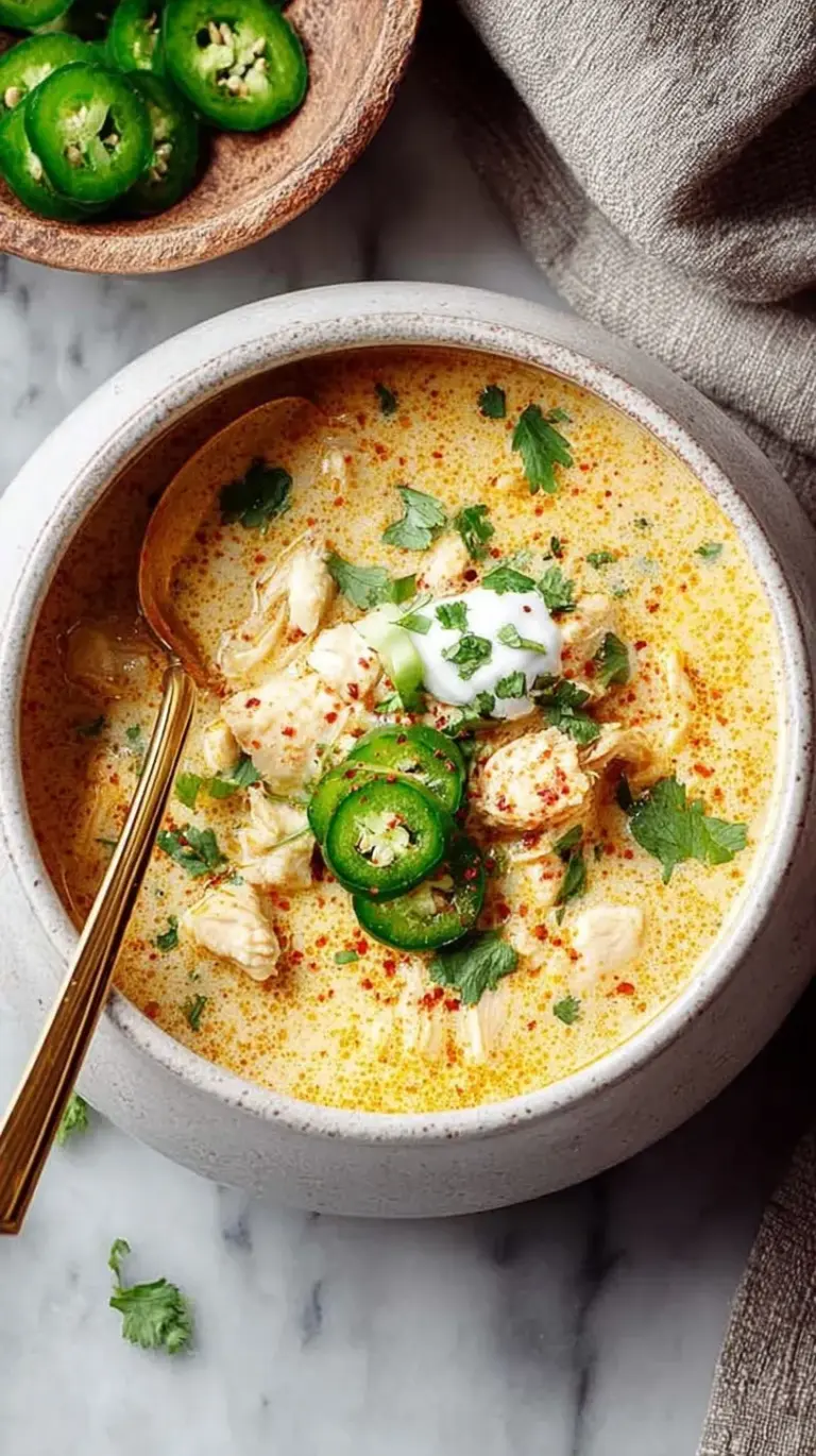 A steaming bowl of creamy white chicken chili topped with cheese and avocado
