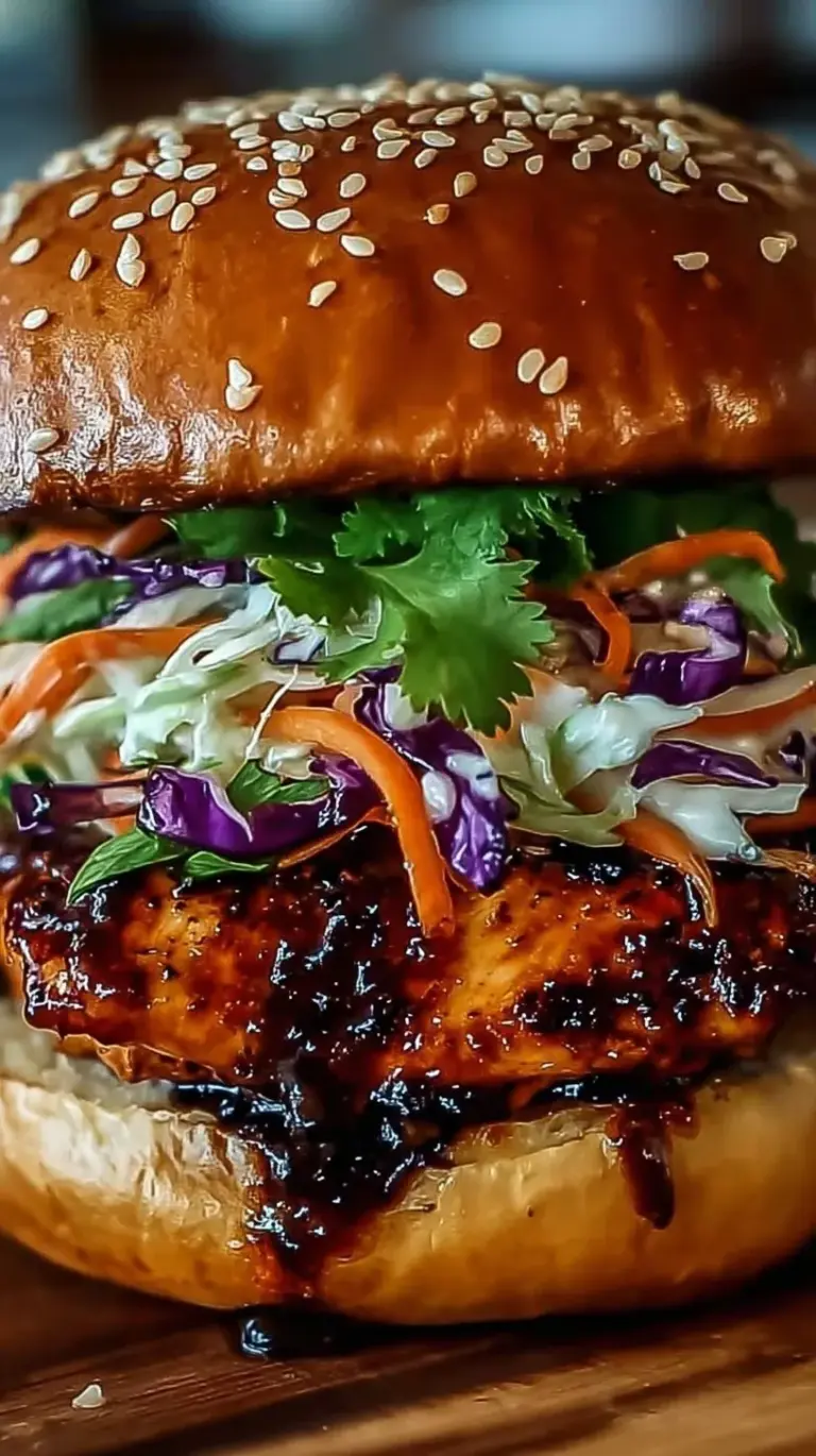 A grilled Korean BBQ Chicken Sandwich on a brioche bun with sesame slaw and green onions