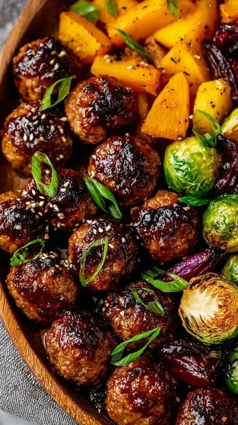 Golden Korean BBQ meatballs with a glossy red glaze served with roasted broccoli and carrots on a sheet pan.