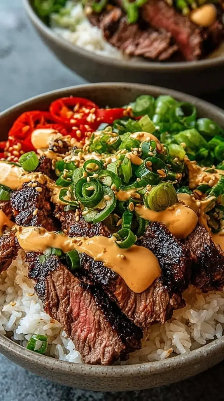 A colorful rice bowl topped with seared steak, cucumbers, kimchi, and a drizzle of orange spicy sauce.