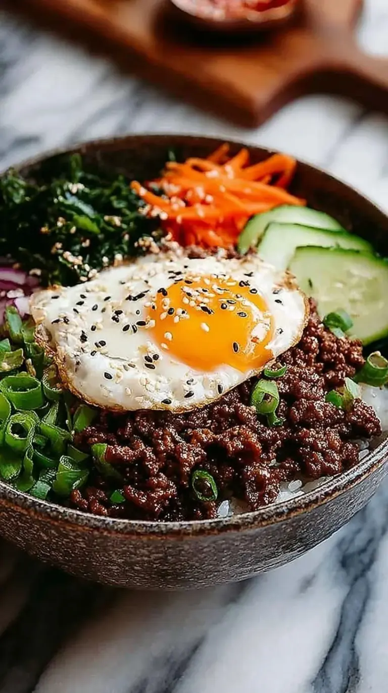 A vibrant Korean Ground Beef Bowl topped with green onions and sesame seeds over white rice