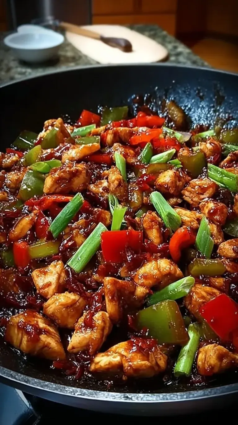A vibrant skillet of Korean Spicy Chicken Stir Fry with green onions and sesame seeds.