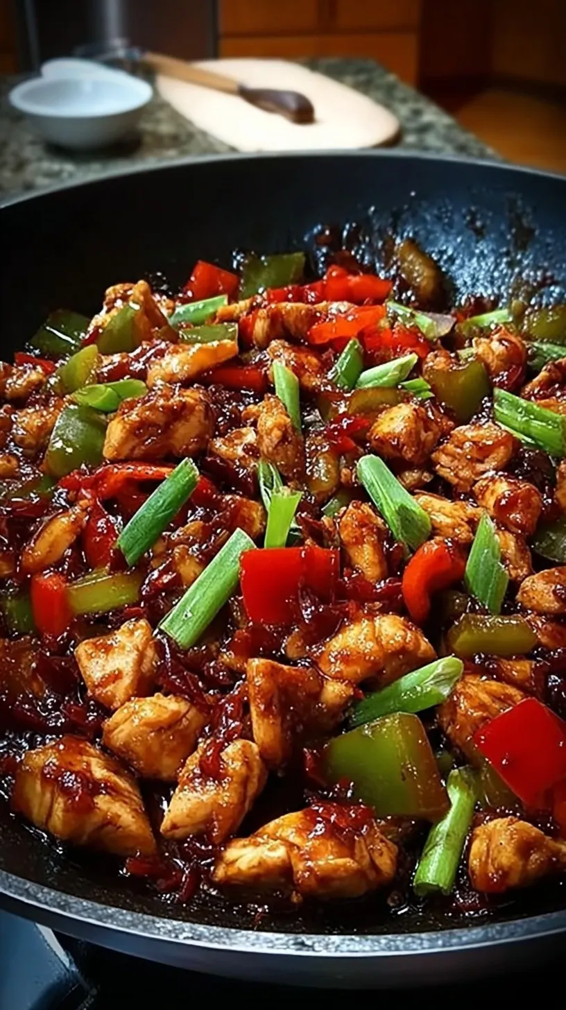A vibrant skillet of Korean Spicy Chicken Stir Fry with green onions and sesame seeds.