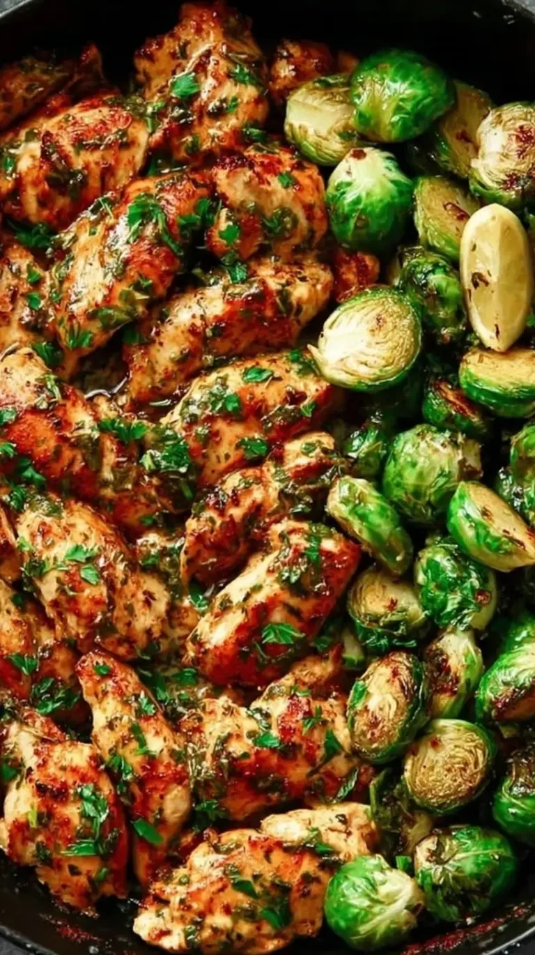 A close up shot of seared chicken pieces and charred Brussels sprouts in a lemon garlic butter sauce in a black skillet.