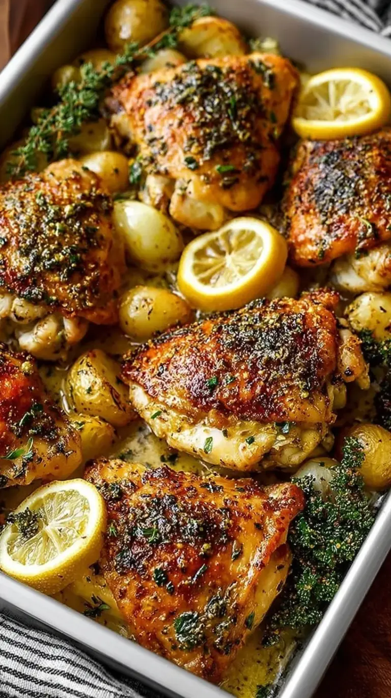 Pan-seared lemon garlic chicken breasts in a skillet with lemon slices and fresh parsley