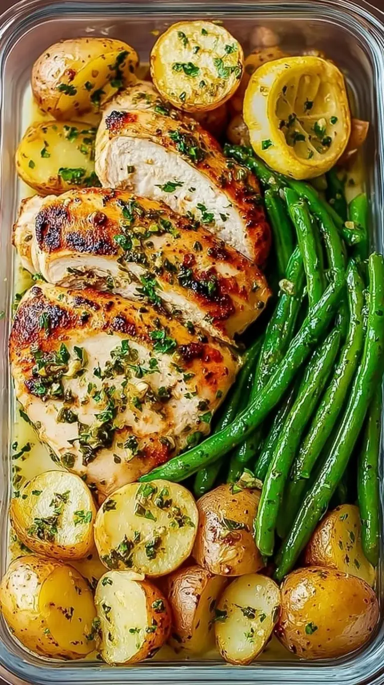 Four glass meal prep containers filled with lemon garlic chicken, green broccoli, and quinoa