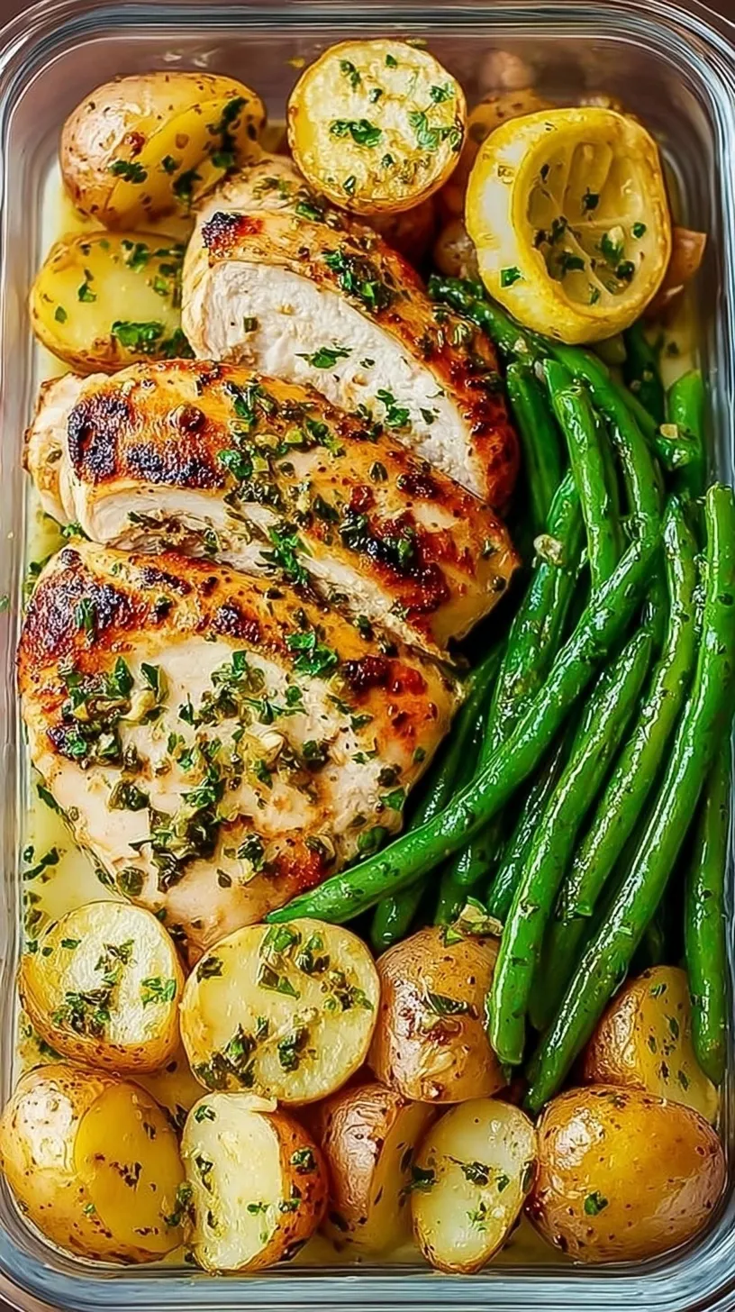 Four glass meal prep containers filled with lemon garlic chicken, green broccoli, and quinoa