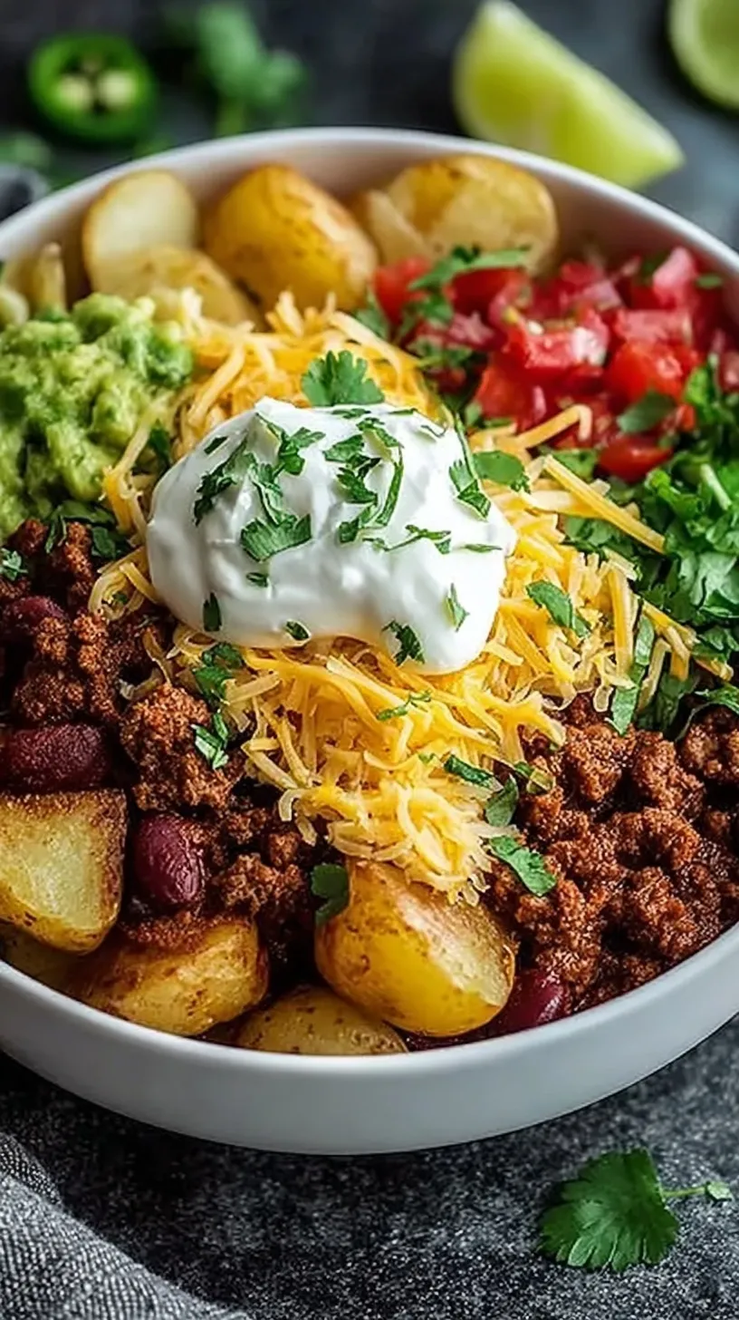 A vibrant loaded potato taco bowl with crispy roasted potatoes, seasoned ground beef, black beans, corn, and fresh toppings.