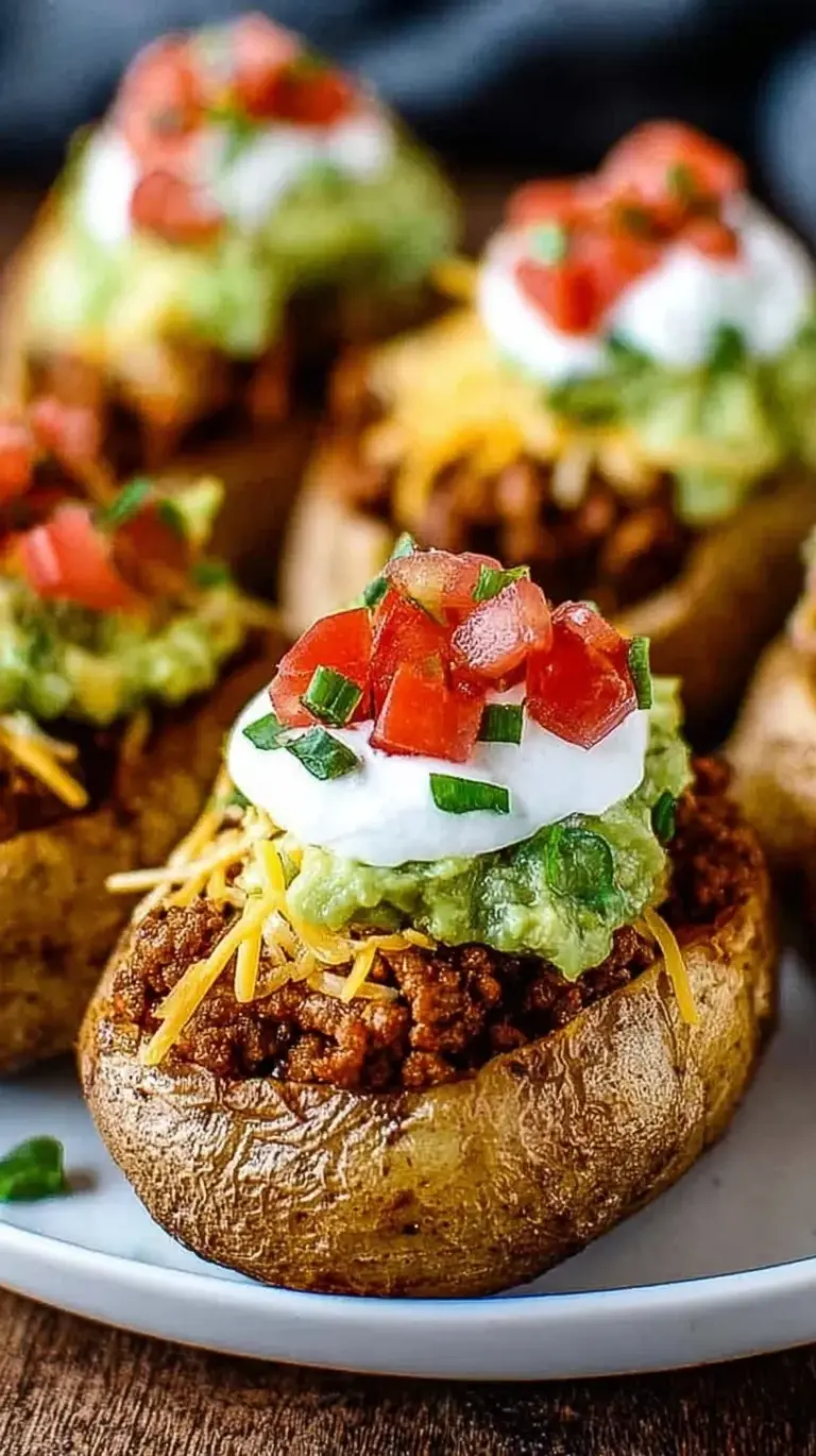 Baked russet potatoes overflowing with seasoned taco meat, melted cheese, and fresh salsa.