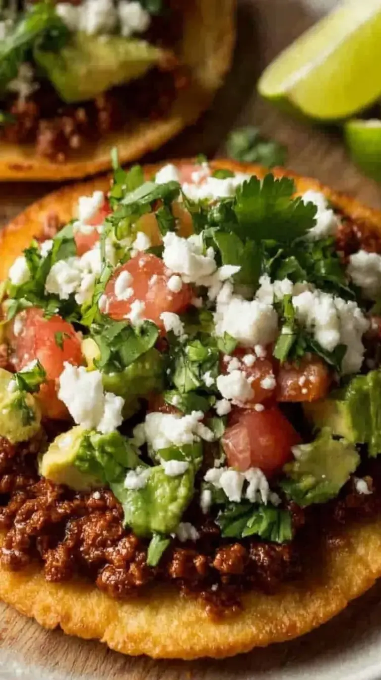 Crispy baked chicken tostadas topped with fresh lettuce, tomatoes, and salsa verde on a colorful platter.