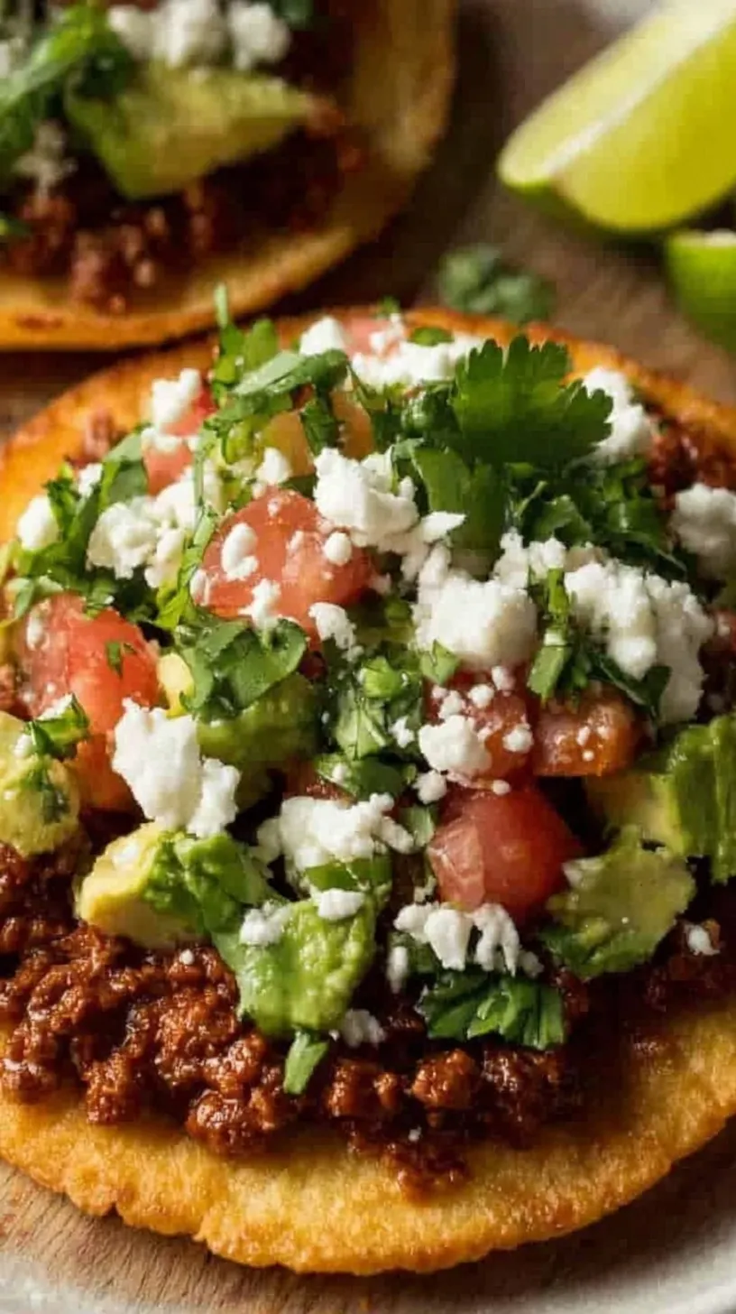 Crispy baked chicken tostadas topped with fresh lettuce, tomatoes, and salsa verde on a colorful platter.