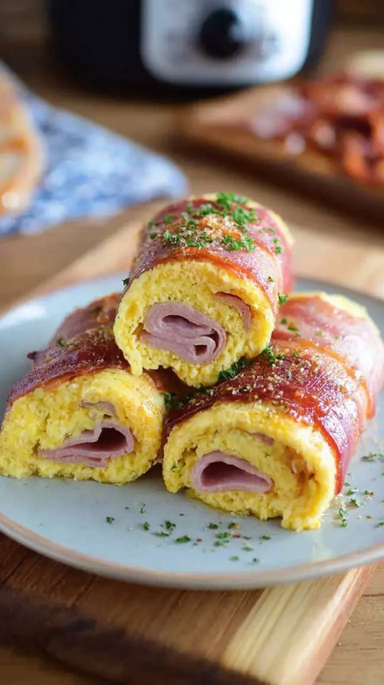 Golden egg roll ups filled with melted cheddar cheese and crispy bacon strips on a white plate.