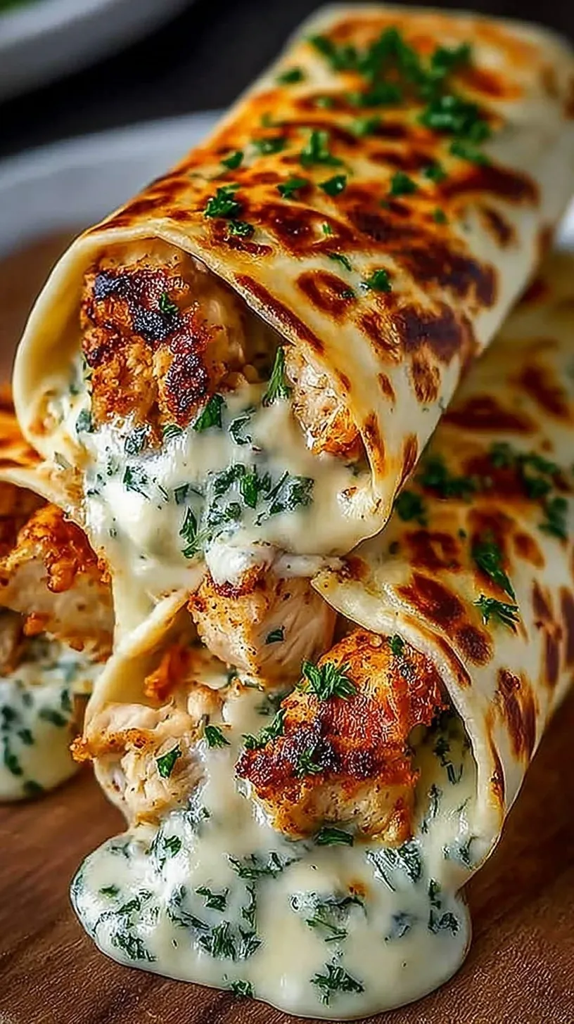 Cheesy garlic chicken wrapped in a low-carb tortilla with fresh spinach