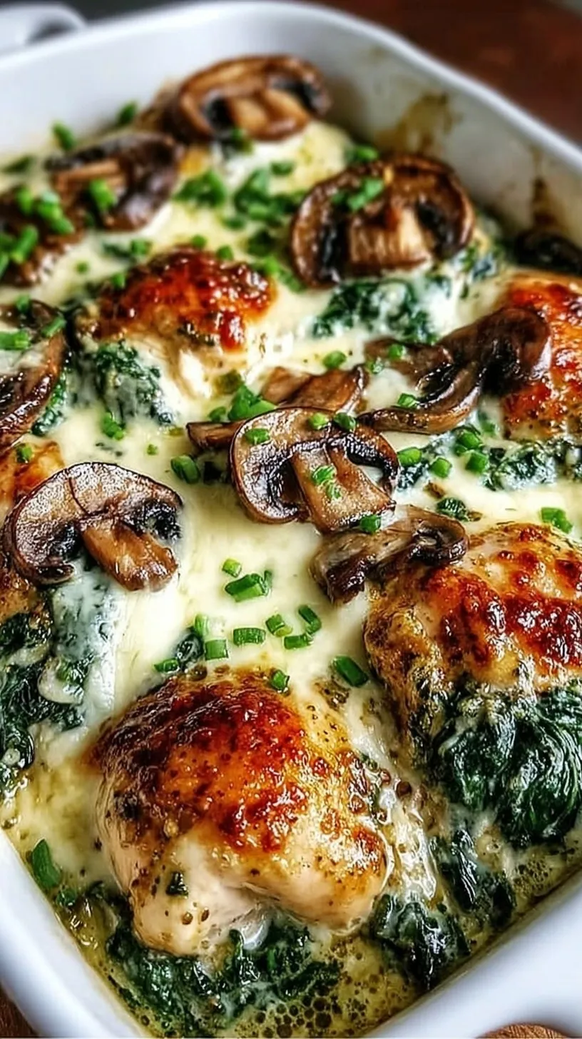 A bubbling low-carb chicken bake with melted mozzarella and fresh spinach in a cast iron skillet.