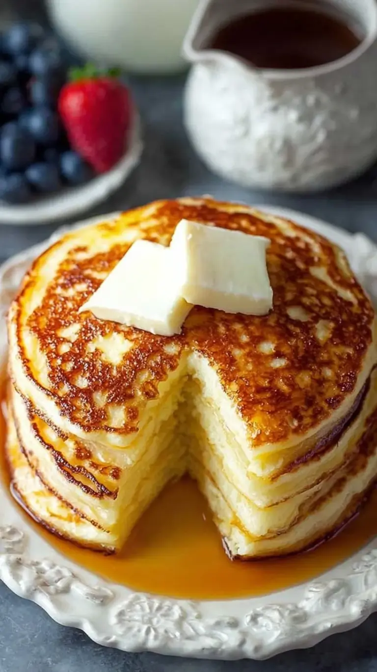 A stack of golden brown cottage cheese pancakes topped with fresh berries and sugar-free syrup.