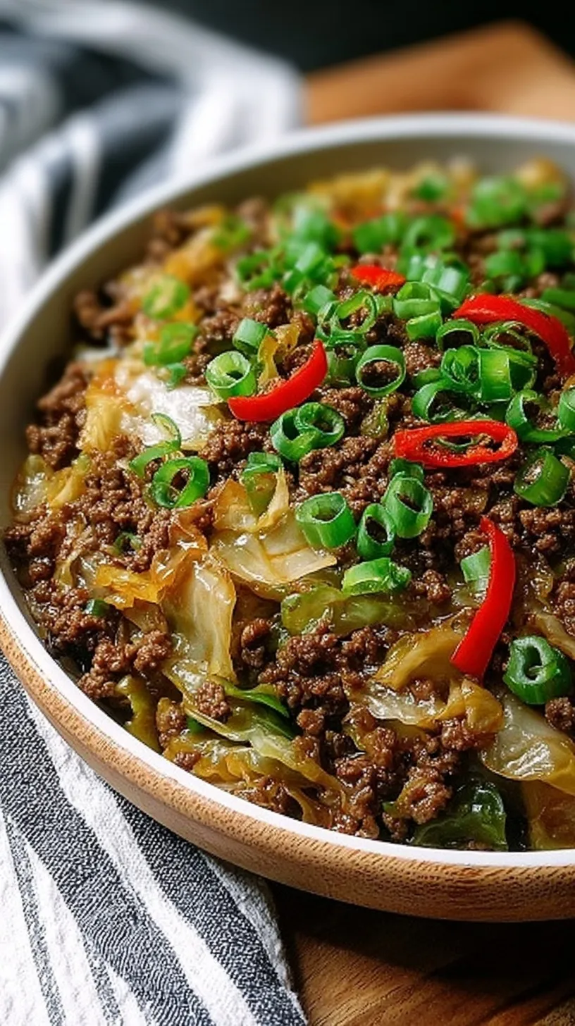 A savory skillet of browned ground beef and shredded cabbage with green onions and sesame seeds