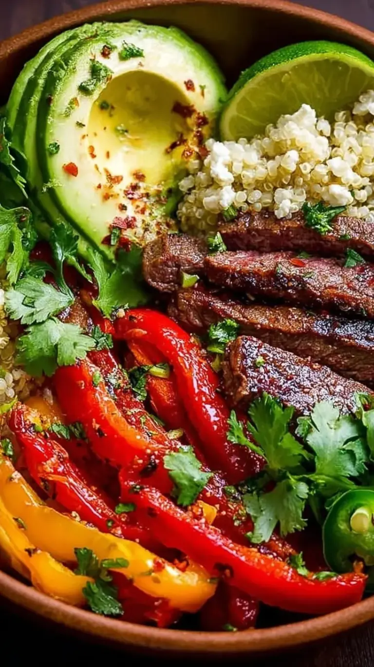 A vibrant steak fajita bowl with seared beef, peppers, and avocado over cauliflower rice.