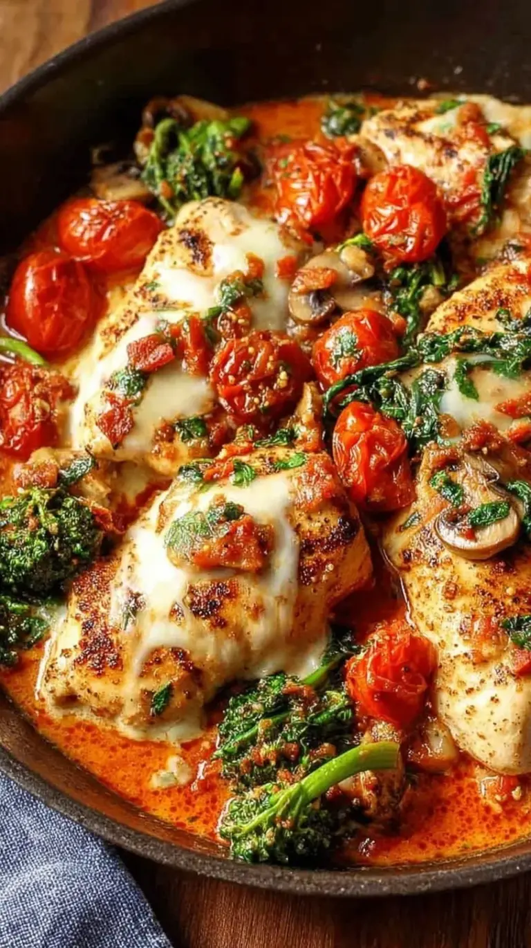Skillet of creamy Low-Carb Tuscan Chicken with spinach and sun-dried tomatoes