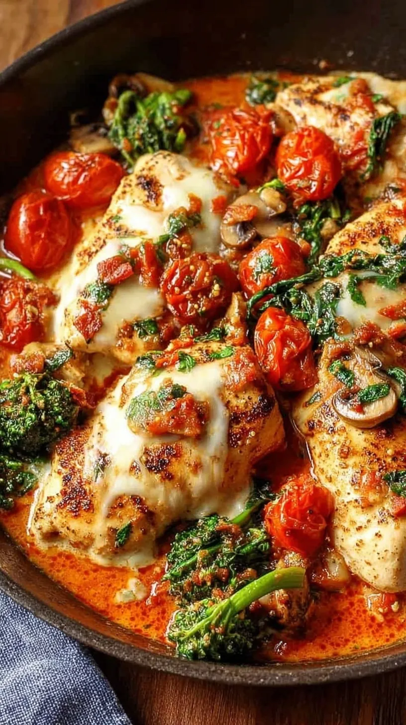 Skillet of creamy Low-Carb Tuscan Chicken with spinach and sun-dried tomatoes