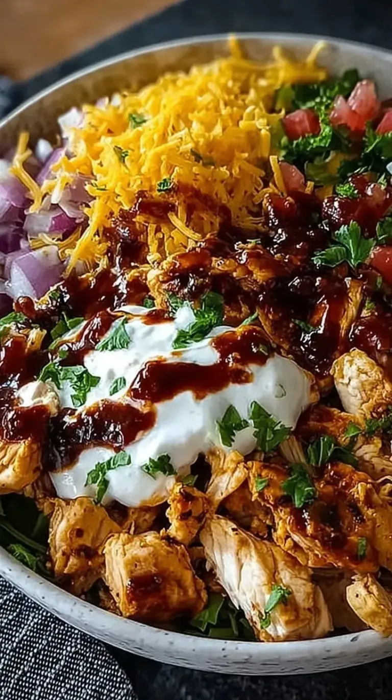 Colorful meal prep bowls with BBQ chicken, brown rice, broccoli, corn, and black beans drizzled with ranch dressing.