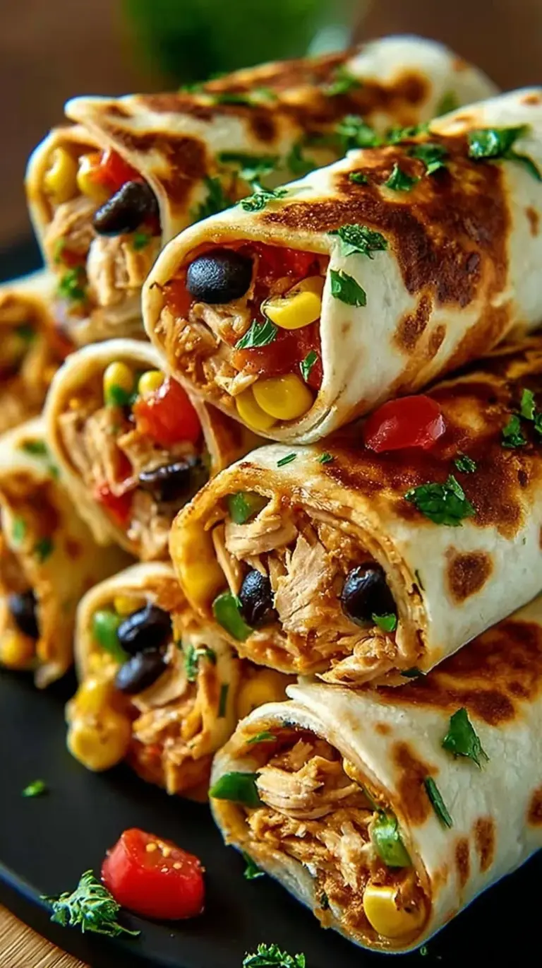 Colorful Southwest chicken roll-ups sliced into rounds showing black beans, corn, and shredded chicken inside whole wheat tortillas.