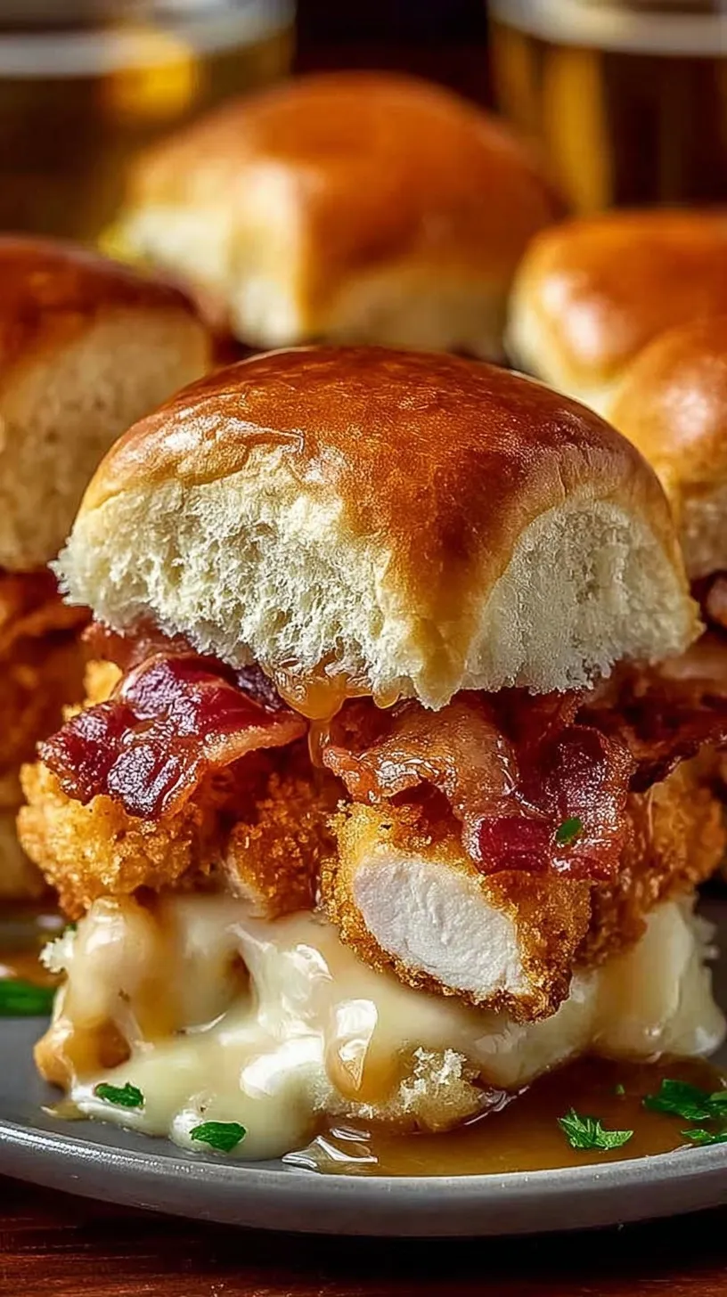 A tray of golden brown maple chicken bacon sliders with melted gouda cheese and crispy bacon on brioche buns.
