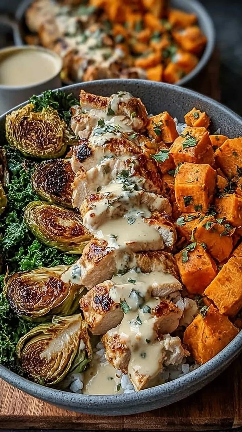 A colorful sheet pan with roasted maple dijon chicken, cubed sweet potatoes, and green broccoli florets.