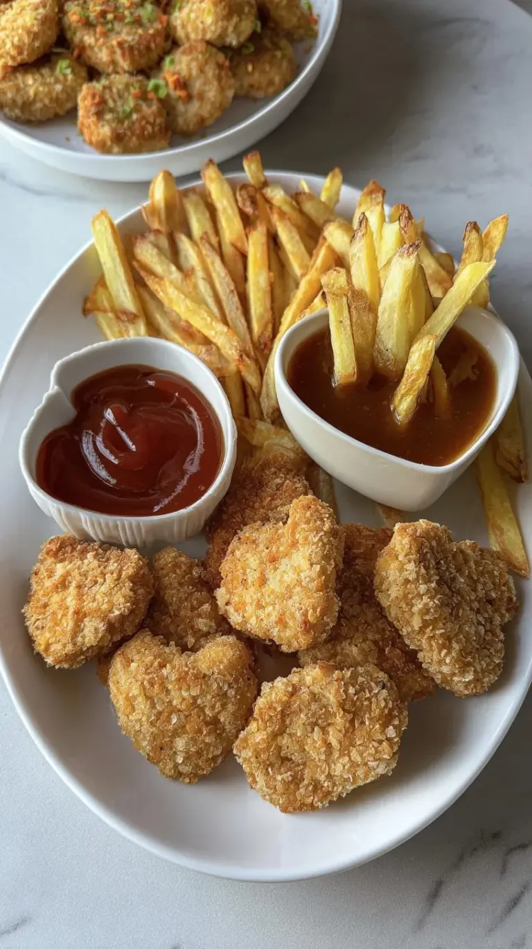 Golden brown air fryer chicken nuggets and crispy fries served with dipping sauce on a white plate