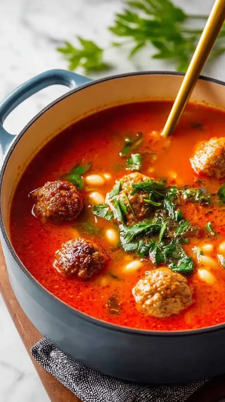 A steaming bowl of Classic Meatball Soup with tender meatballs, ditalini pasta, and fresh spinach.