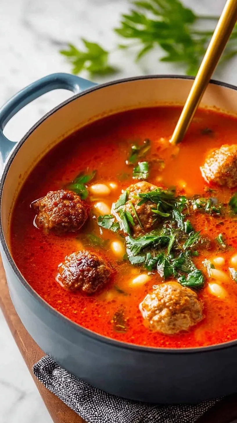 A steaming bowl of Classic Meatball Soup with tender meatballs, ditalini pasta, and fresh spinach.