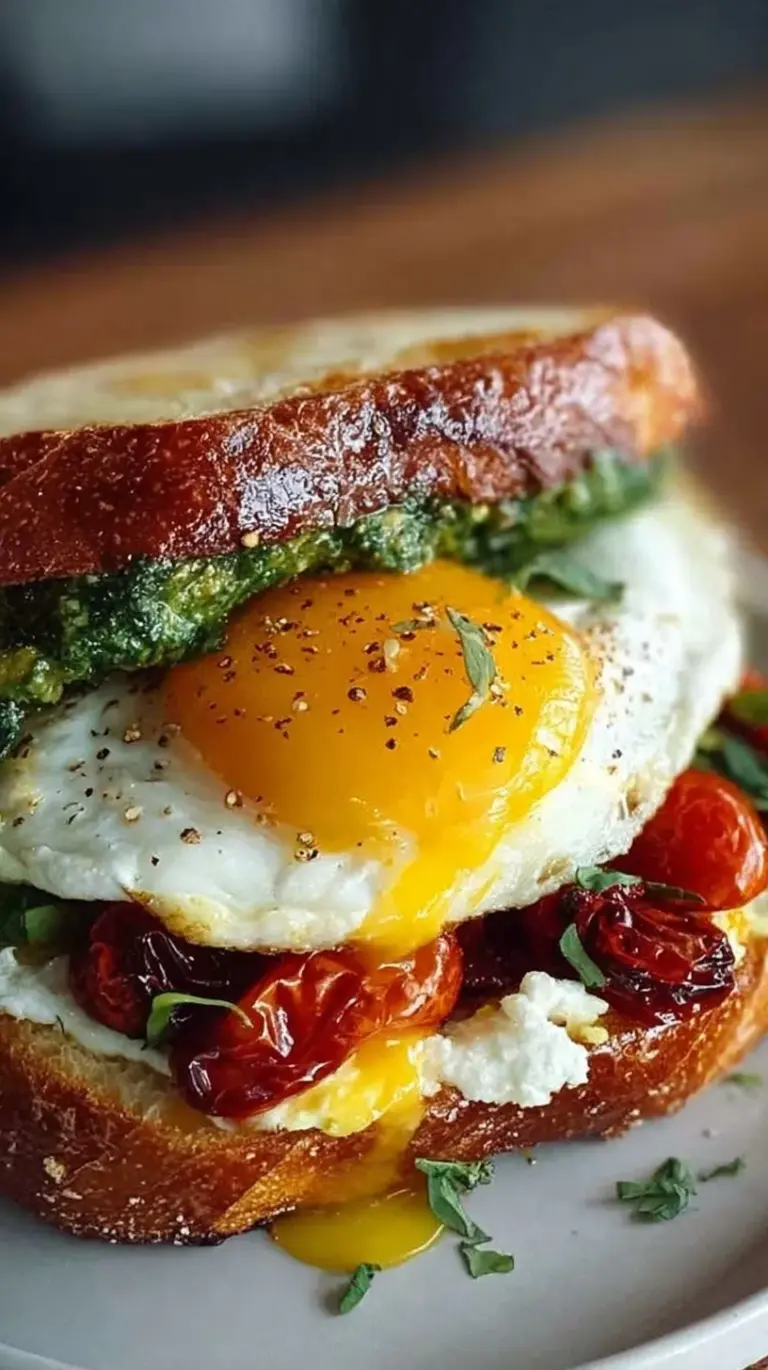 A toasted ciabatta sandwich filled with scrambled eggs, spinach, sun-dried tomatoes, and crumbled feta cheese.