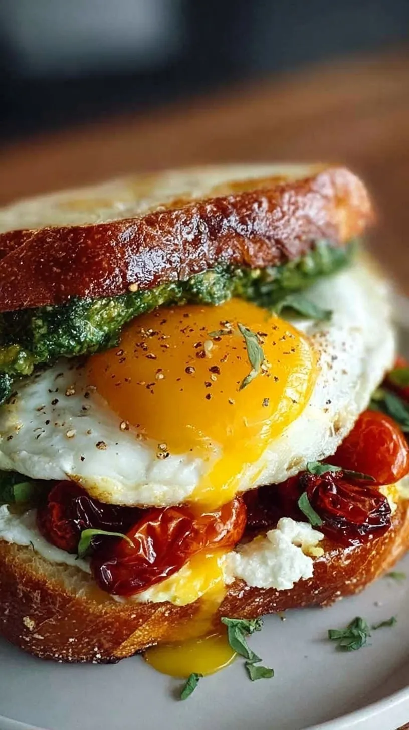 A toasted ciabatta sandwich filled with scrambled eggs, spinach, sun-dried tomatoes, and crumbled feta cheese.