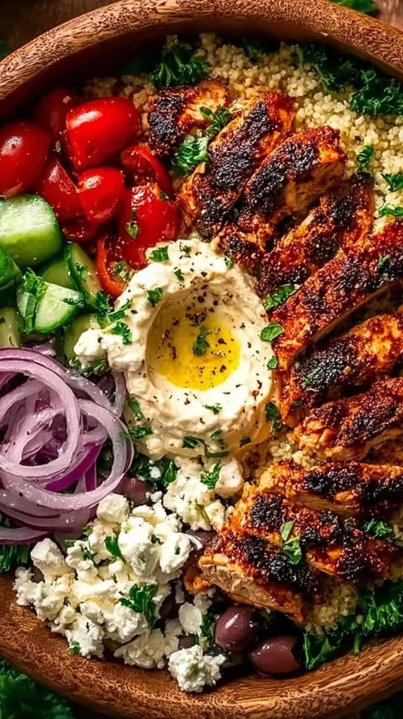 A colorful Mediterranean chicken bowl with quinoa, fresh vegetables, and creamy tzatziki
