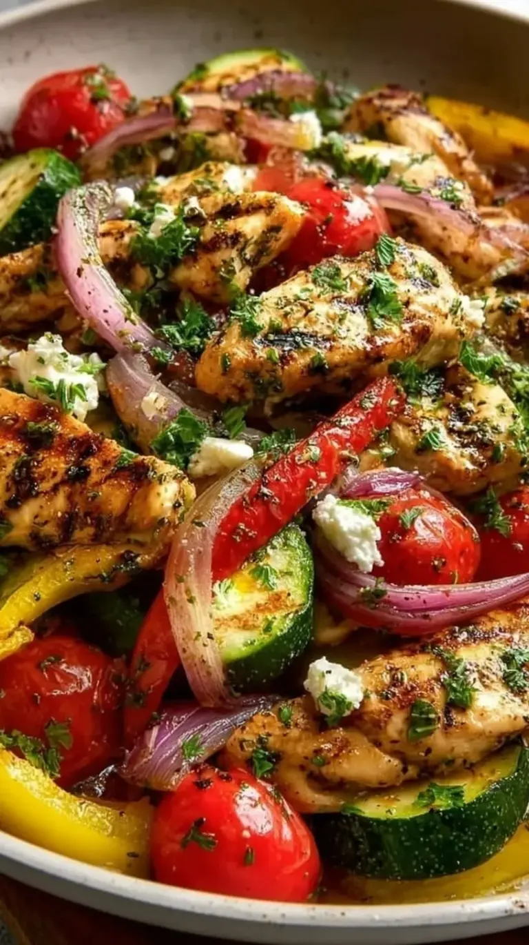 A colorful Mediterranean chicken stir-fry with zucchini, red peppers, and crumbled feta in a dark skillet.